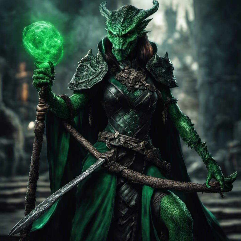 Emerald Dragonborn Female with Staff