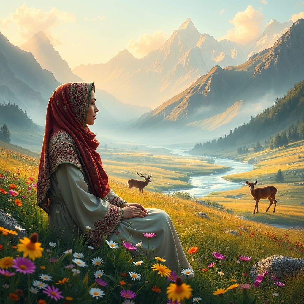 Majestic Arab Woman in Enchanted Meadow Landscape