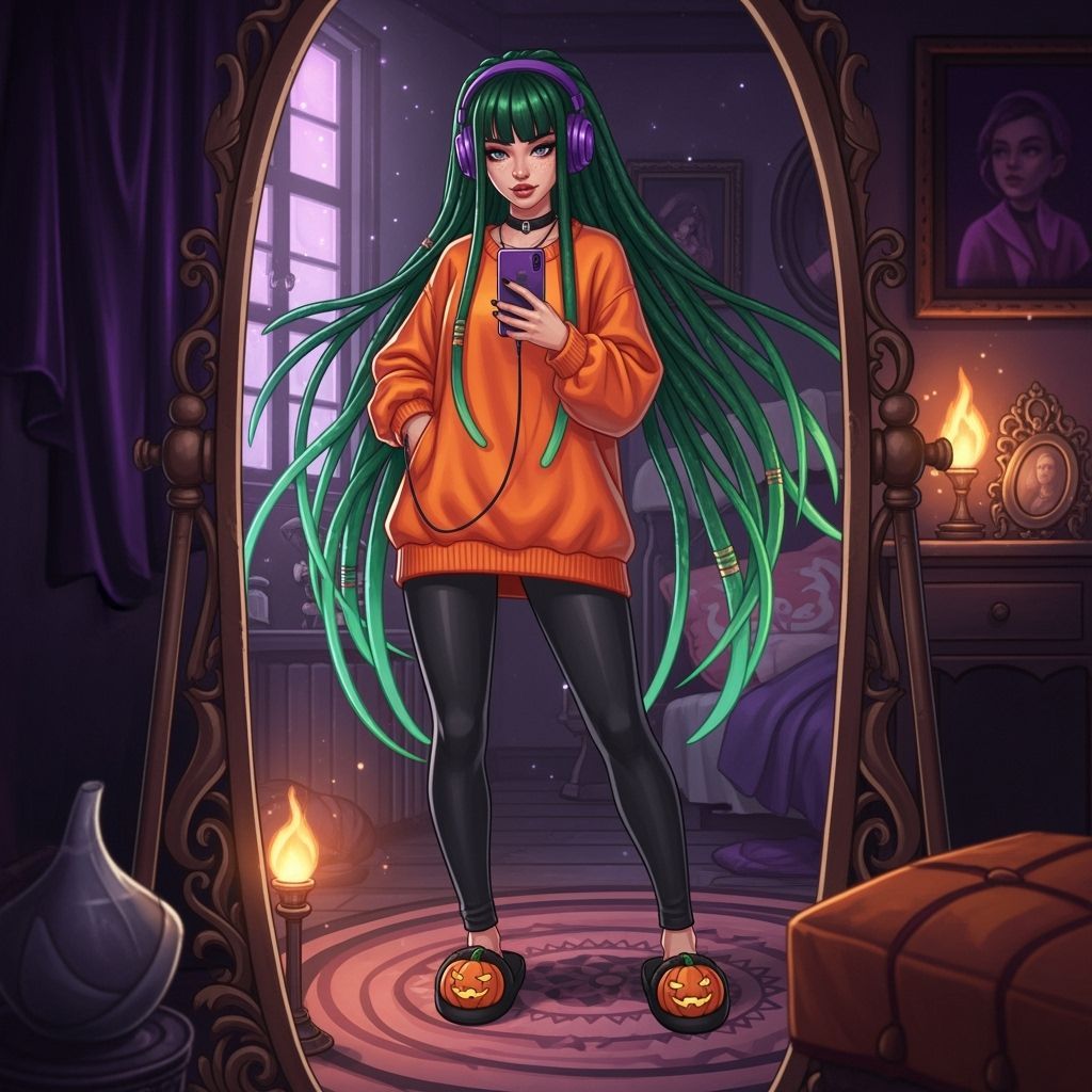 Woman in Witchy Bedroom with Pumpkin Slippers