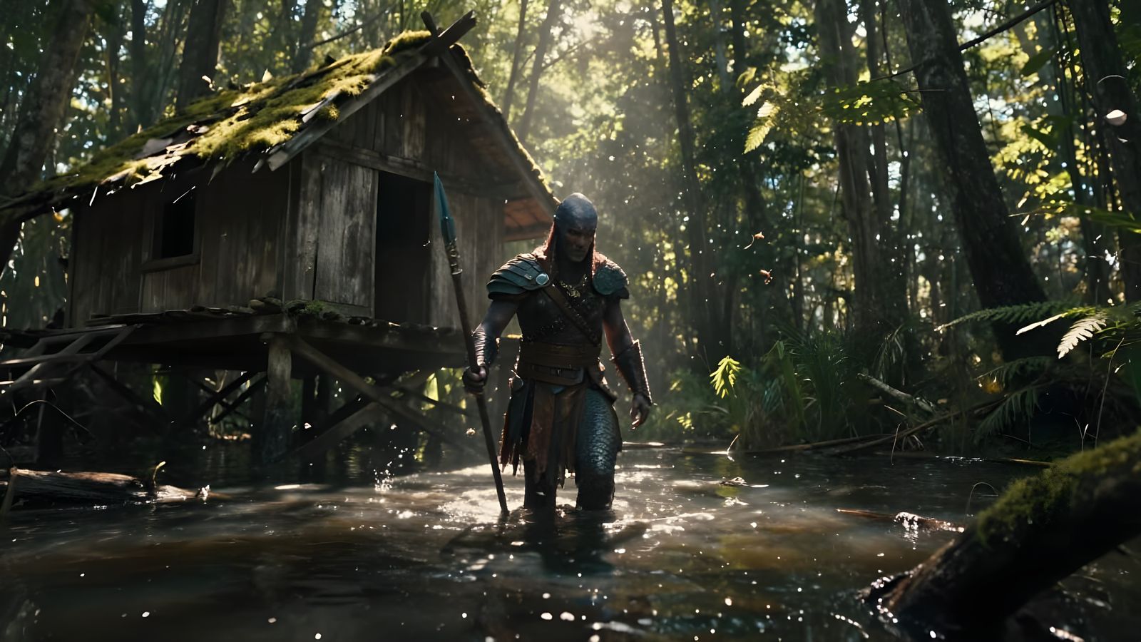 Cautious Warrior Navigates Sun-Dappled Black Marsh