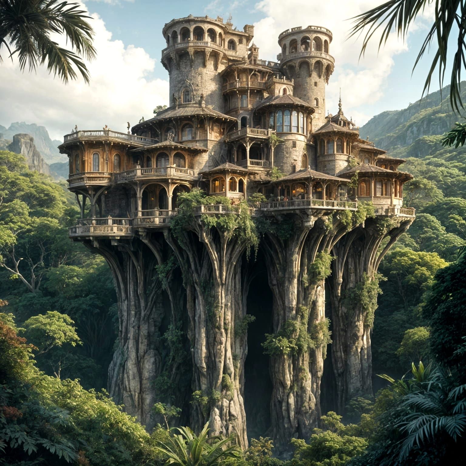 Hawaiian Castle Tower Estate on Stilts in Hyperrealistic Det...