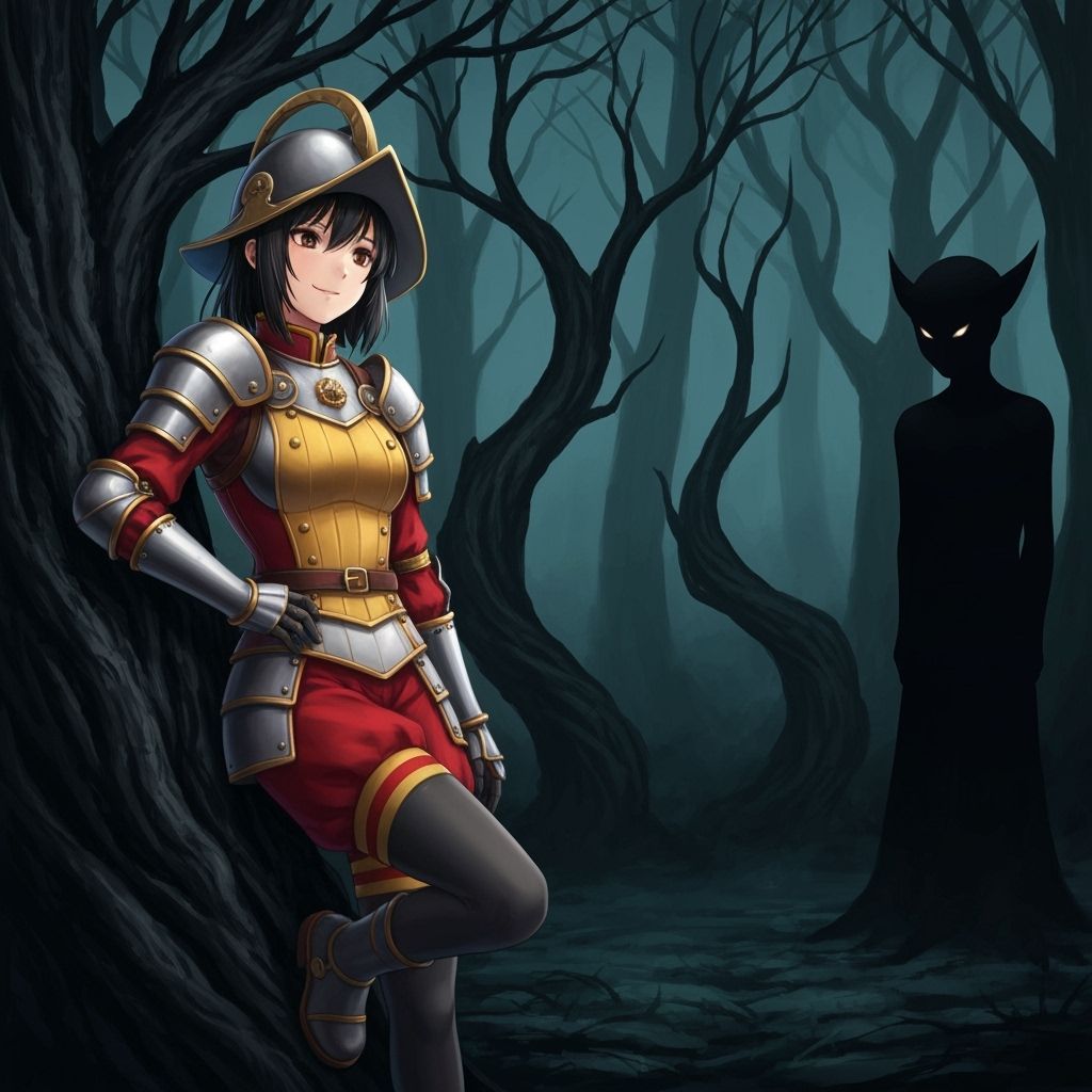Medieval Warrior Girl Faces Dark Forest Shadow