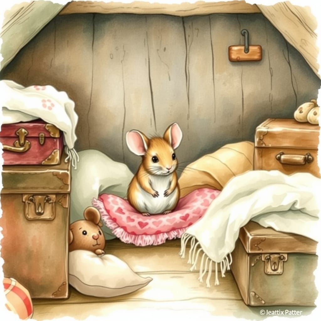 Whimsical Mouse in Cozy Attic, Watercolor Illustration