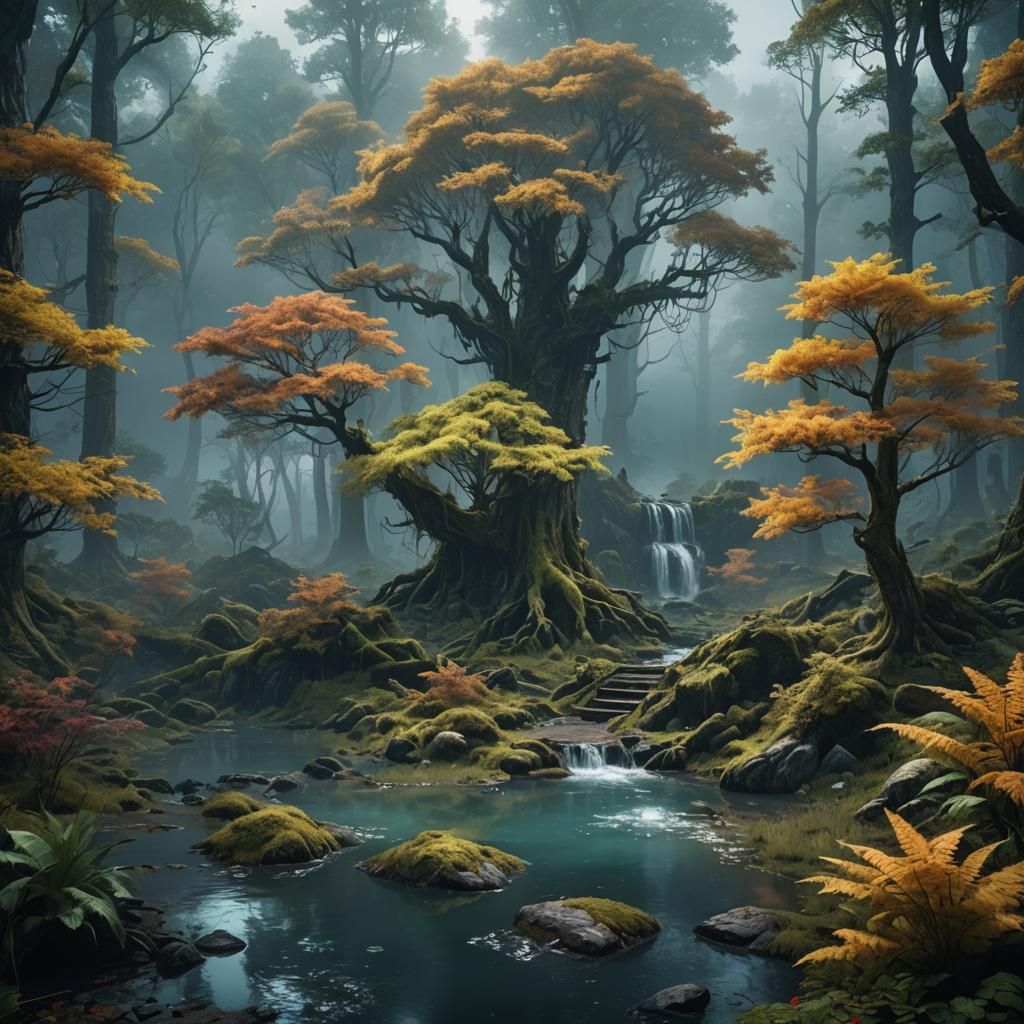 Detailed Misty Forest Matte Painting in 8k