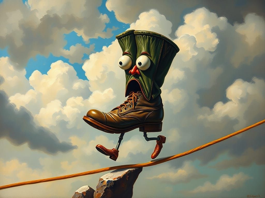 Boots Walking Tightrope as Surreal Oil Painting