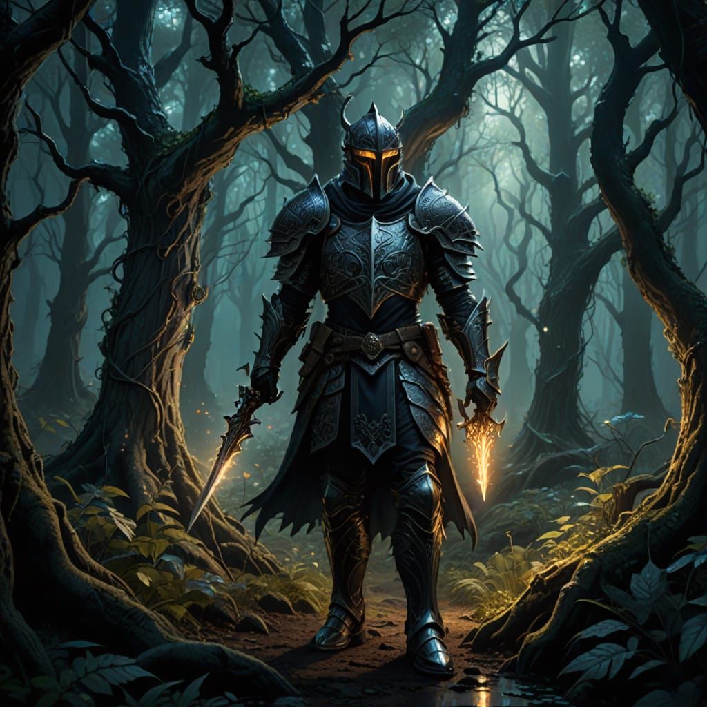 Knight at Enchanted Forest Edge in Dark Fantasy Style