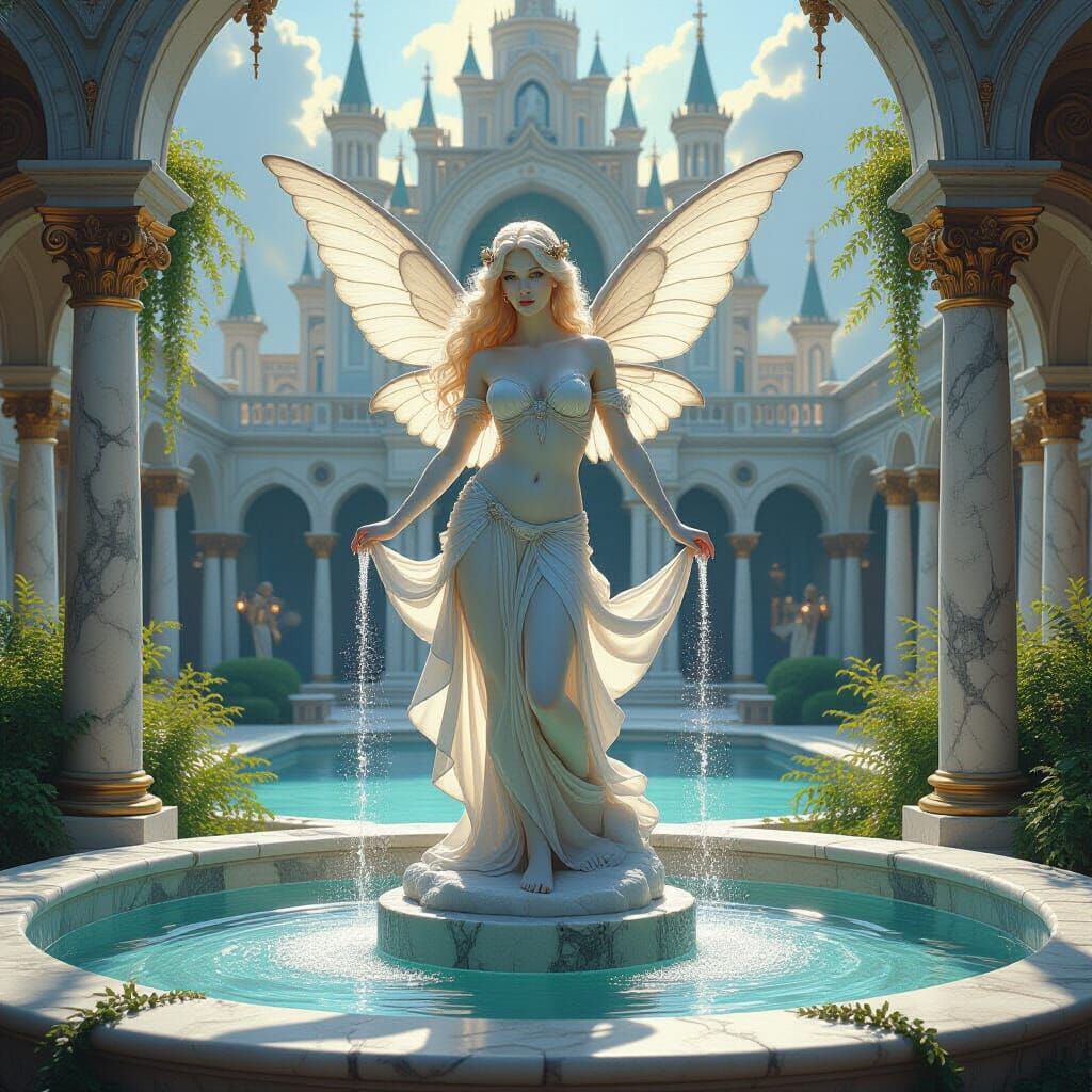 Nymph Statue in Fantasy City, Oil Painting Style