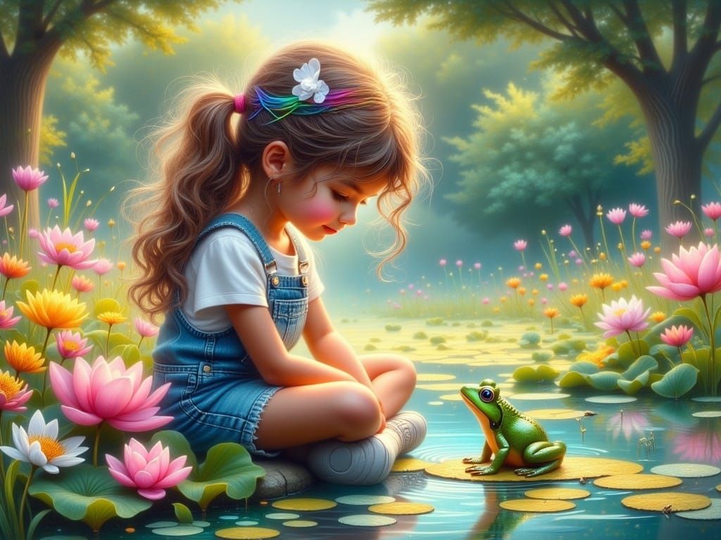 Fantasy Girl and Frog in Painterly Oil Style