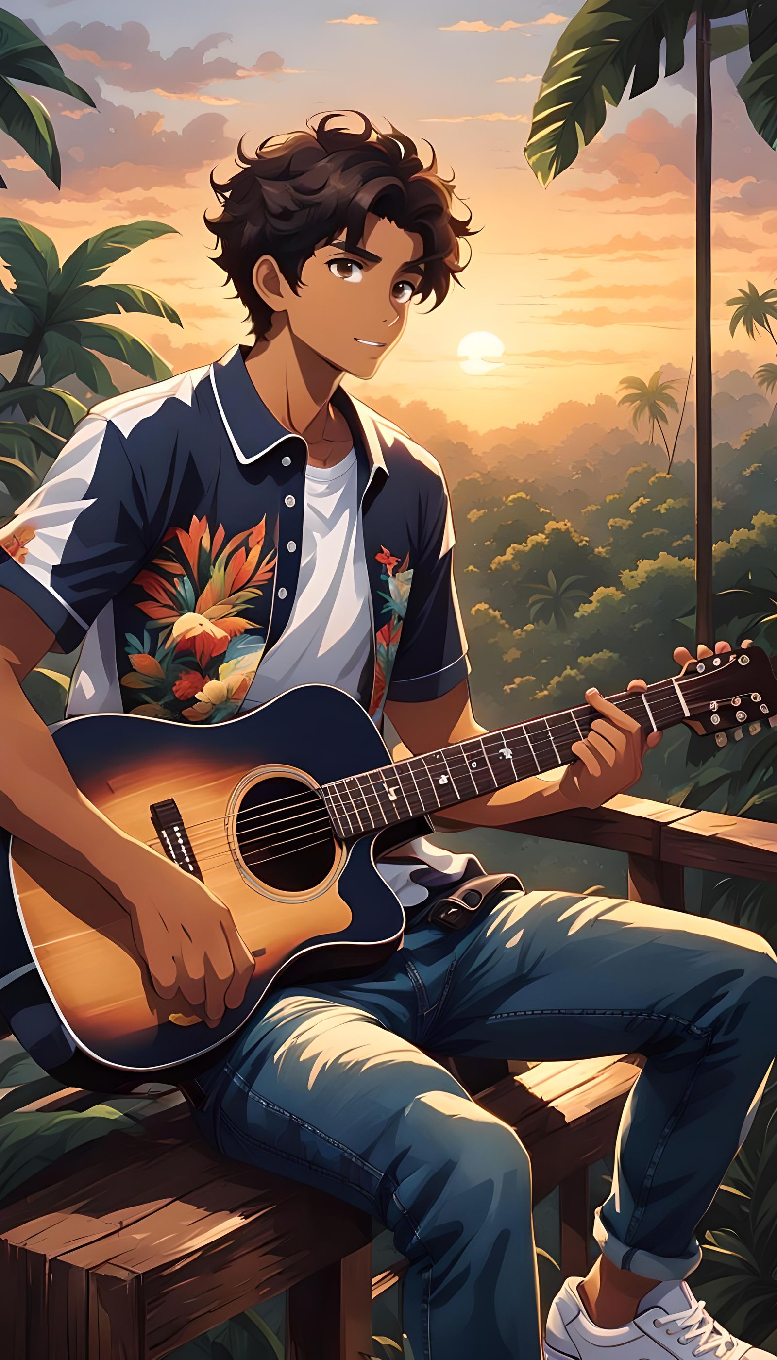 Anime Boy Playing Guitar in Jungle Sunset