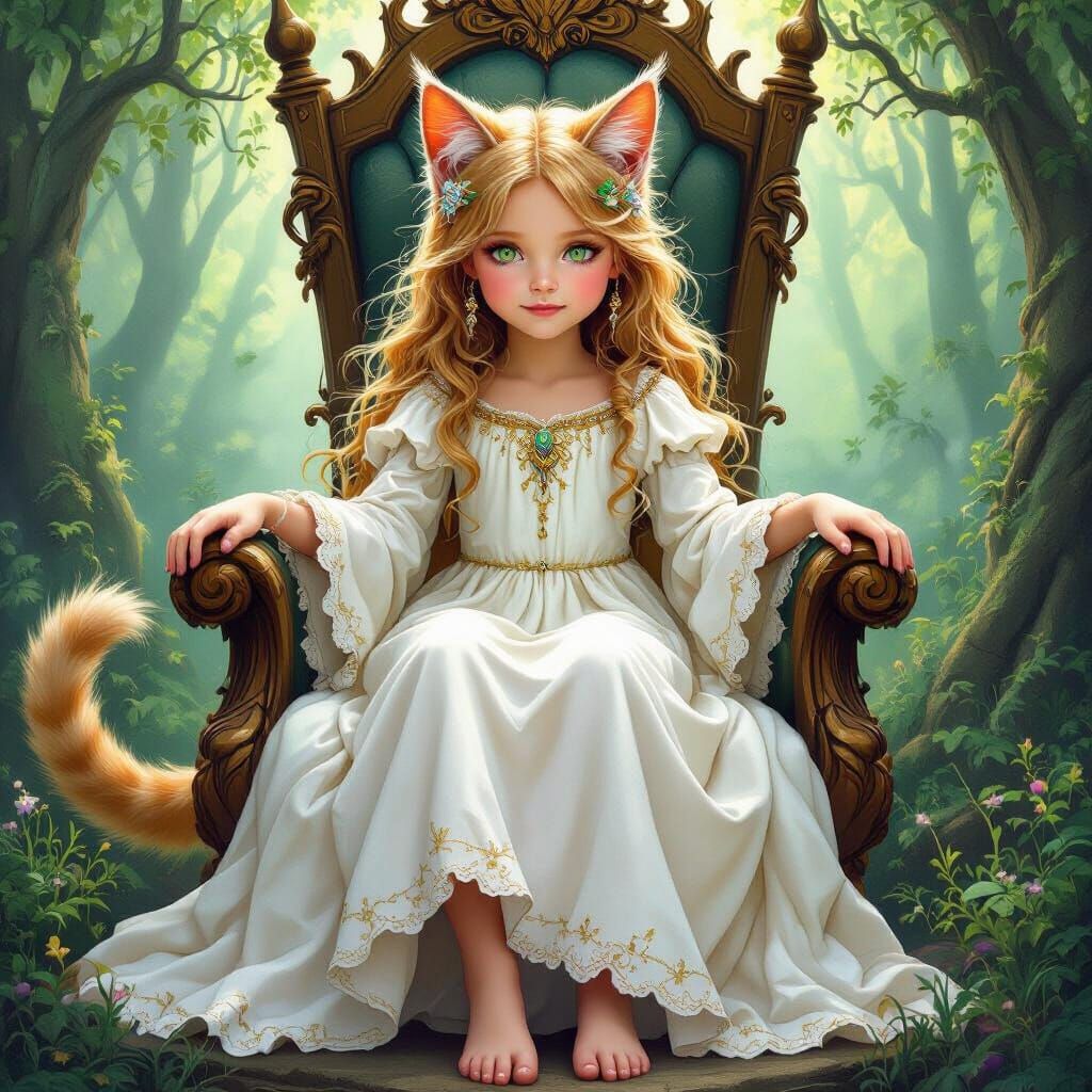 Golden Cat Girl Goddess on Throne in Mystical Forest