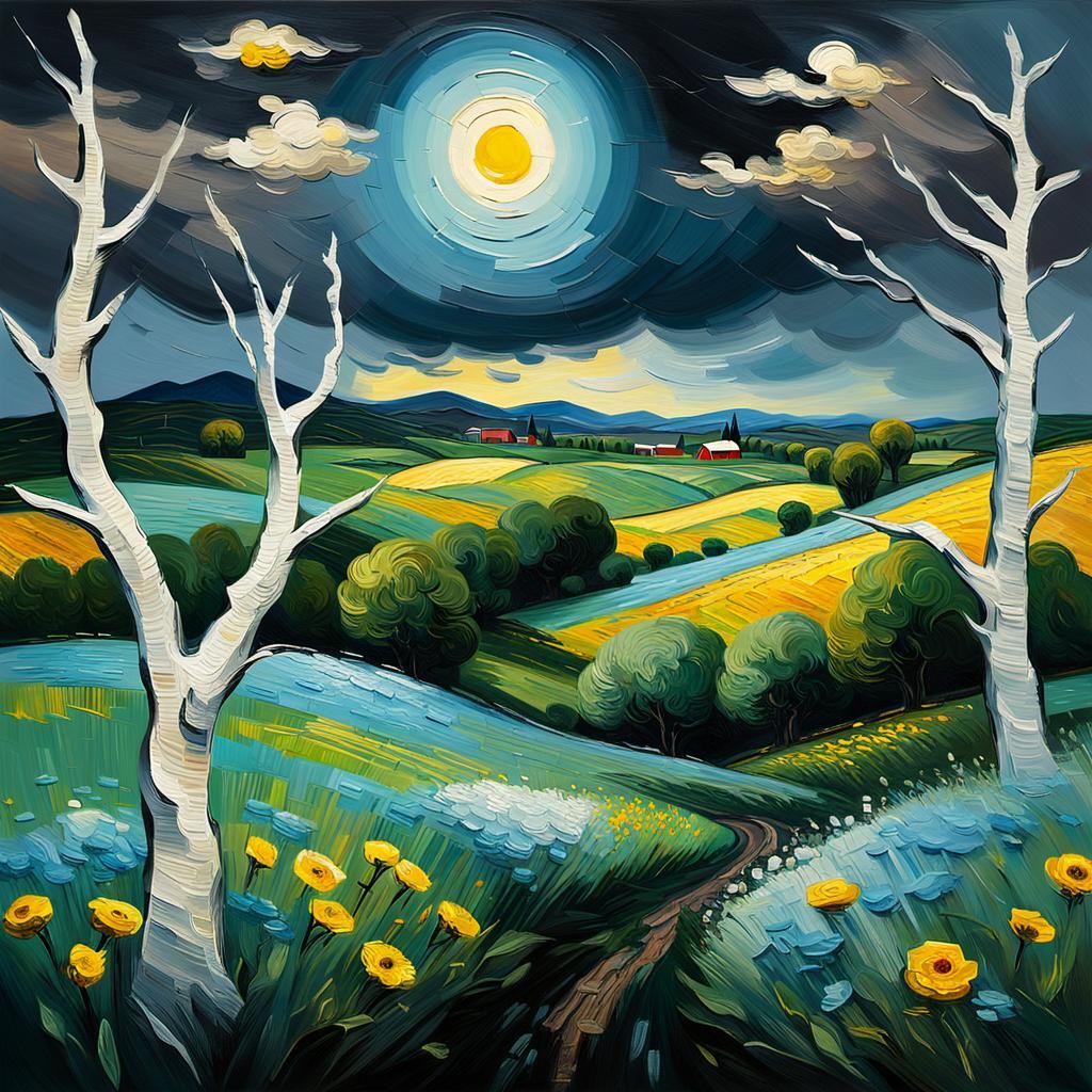 Impressionist Countryside Landscape with Sunbeams, 3D Oil Pa...