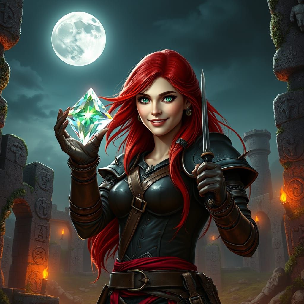 Female Rogue Gazing at Diamond in Moonlight
