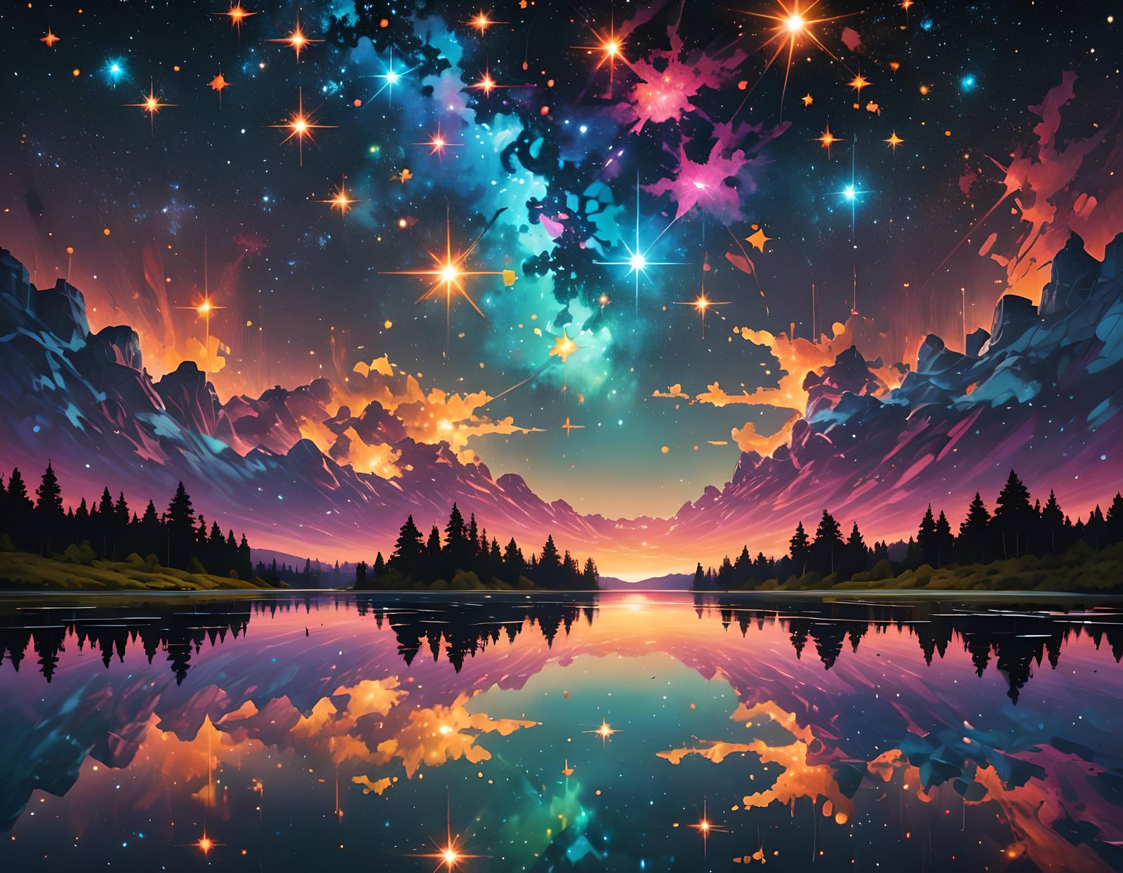 Glowing Stars Reflected in Lake: Graffiti Art Style