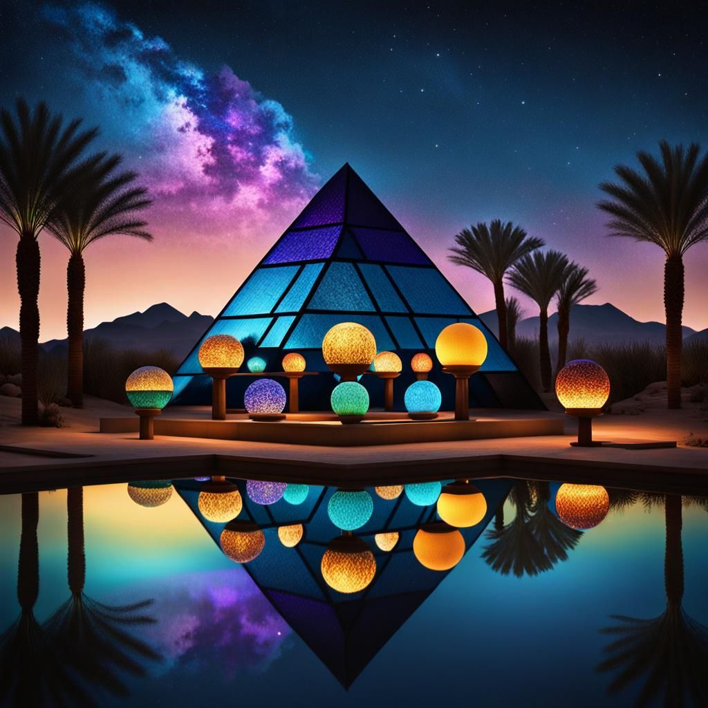 Stained Glass Pyramid over Desert Oasis in Cyberpunk Style