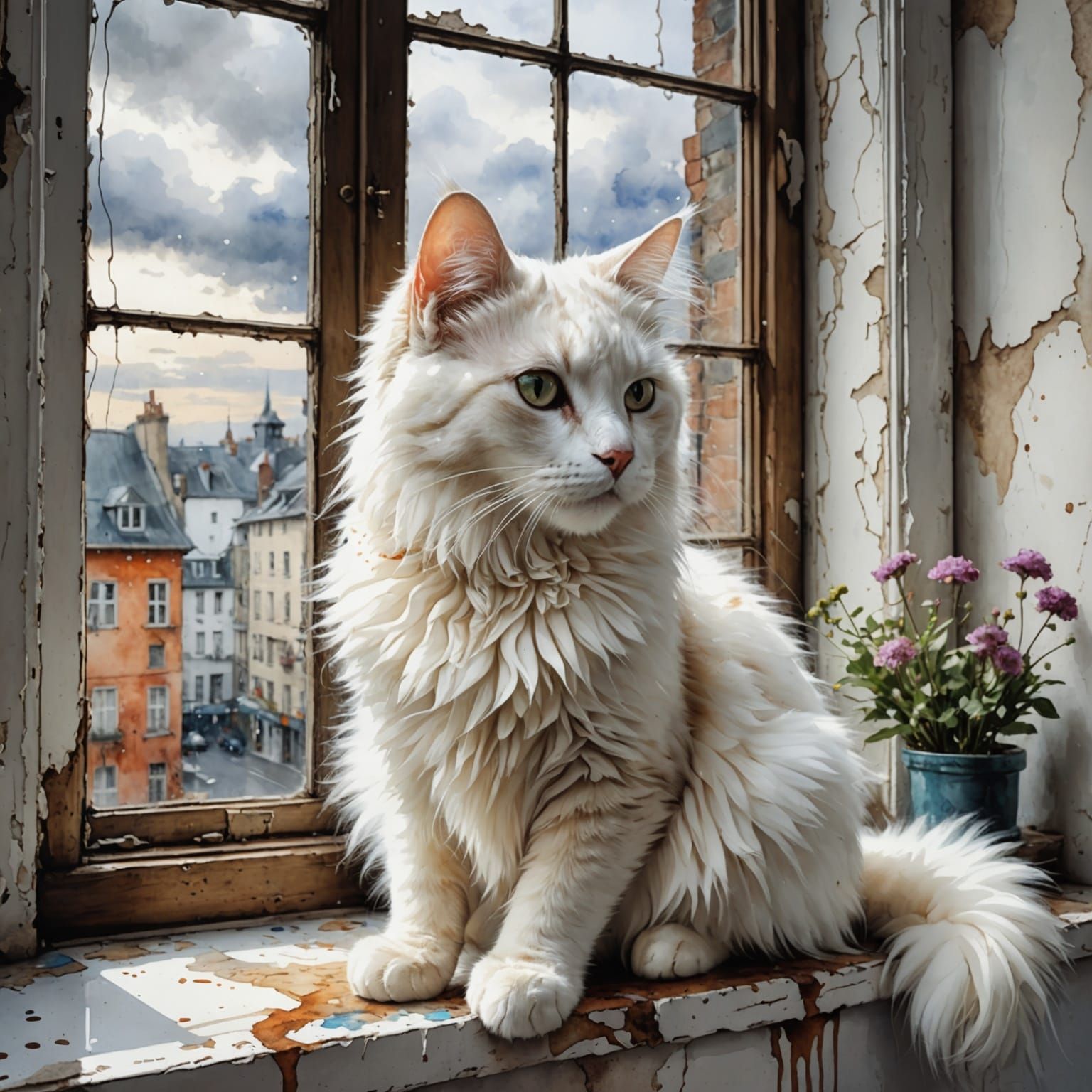 Fluffy White Cat Stares Out Window: Watercolor and Ink
