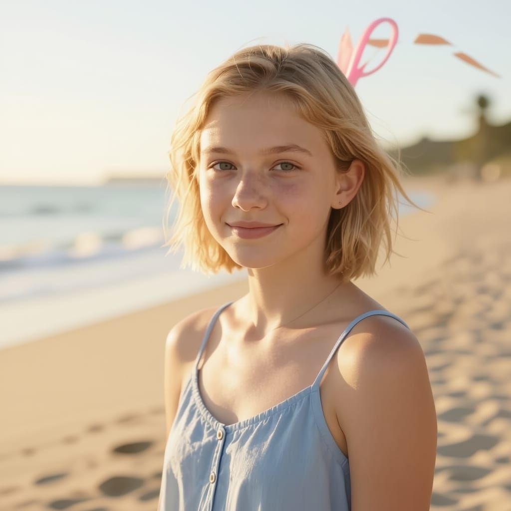 Photorealistic Portrait of a Young Blonde Girl on a Beach