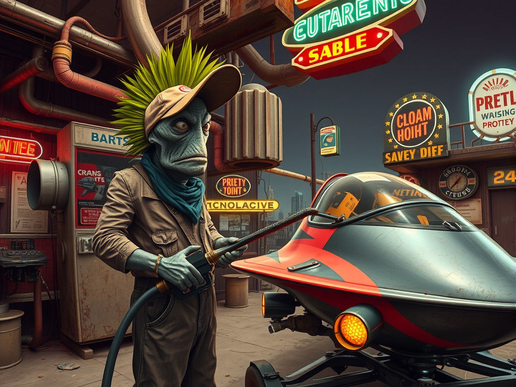 Gritty Alien Gas Station in Retro-Futuristic Photograph