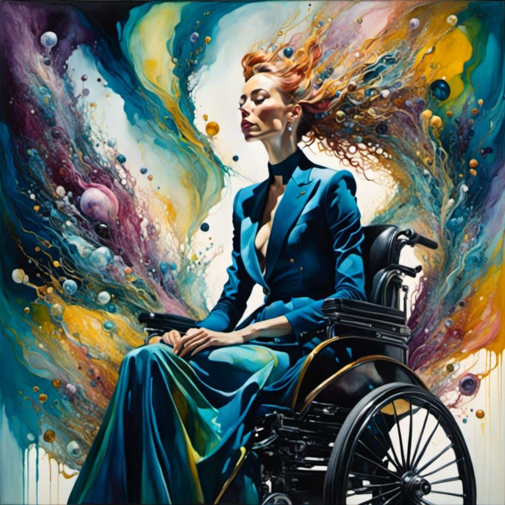 Surreal Woman in Electric Wheelchair, Watercolor and Ink