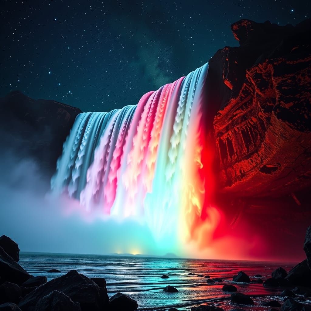 Colorful Waterfall Under Starry Night Sky