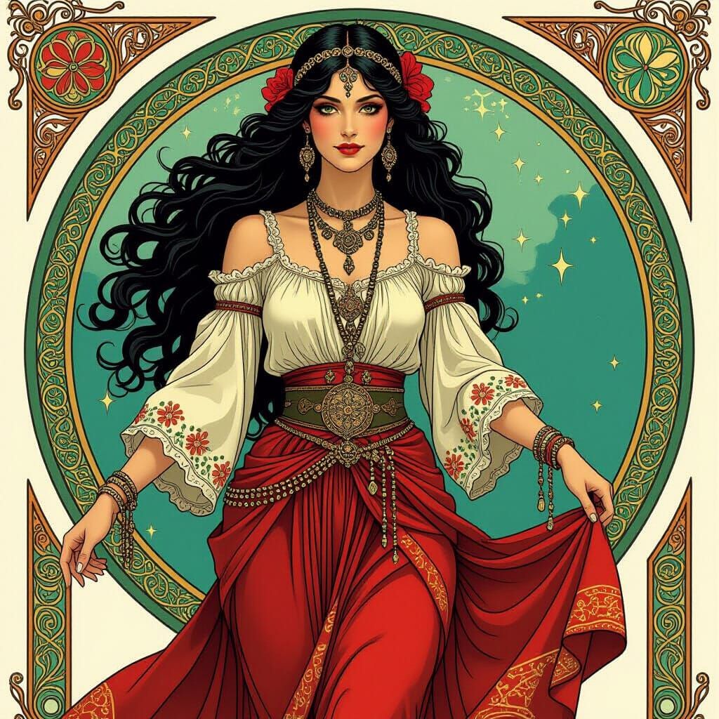 Gypsy Lady with Gothic Jewelry in Art Nouveau Style