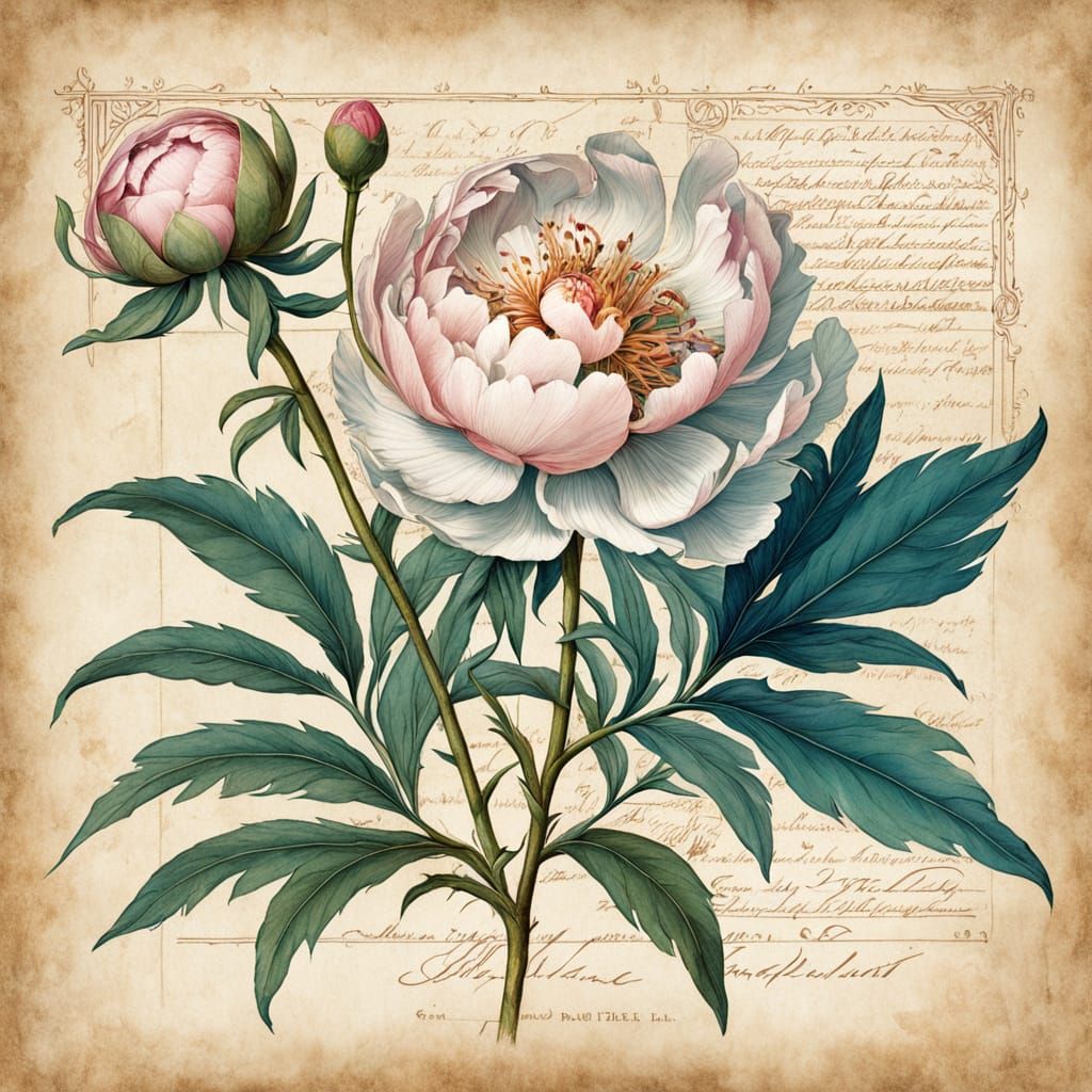 Botanical Peony Illustration in Renaissance Style