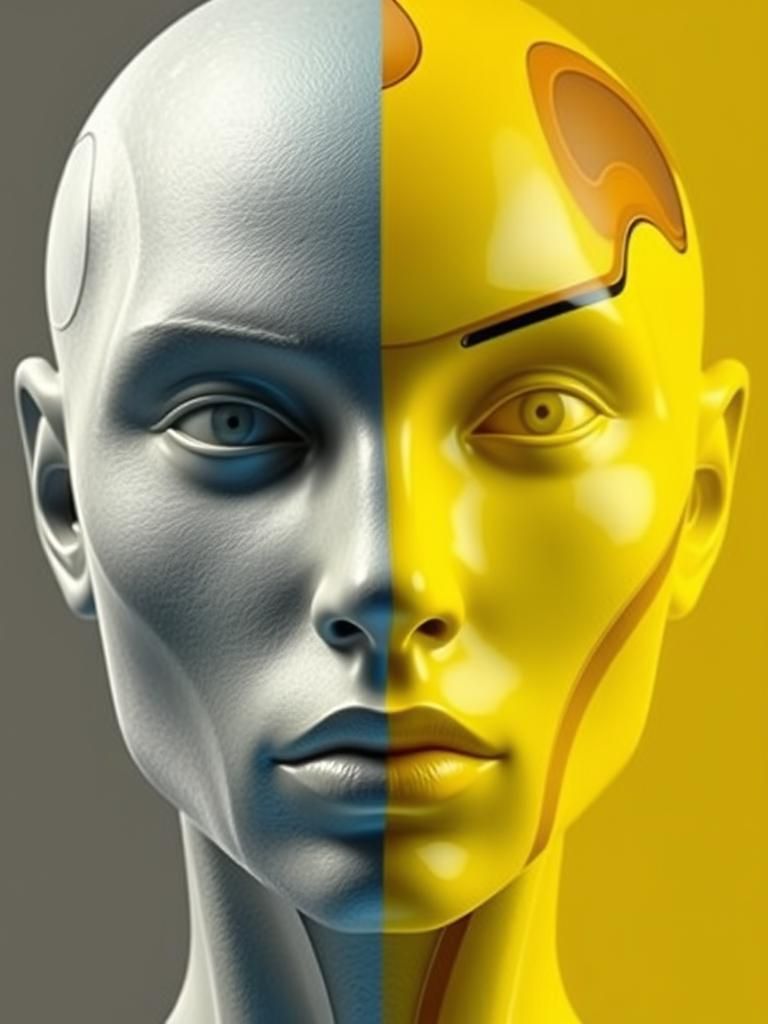 Humanoid Face Split: Metal Sculpture Meets Abstract Fluidity