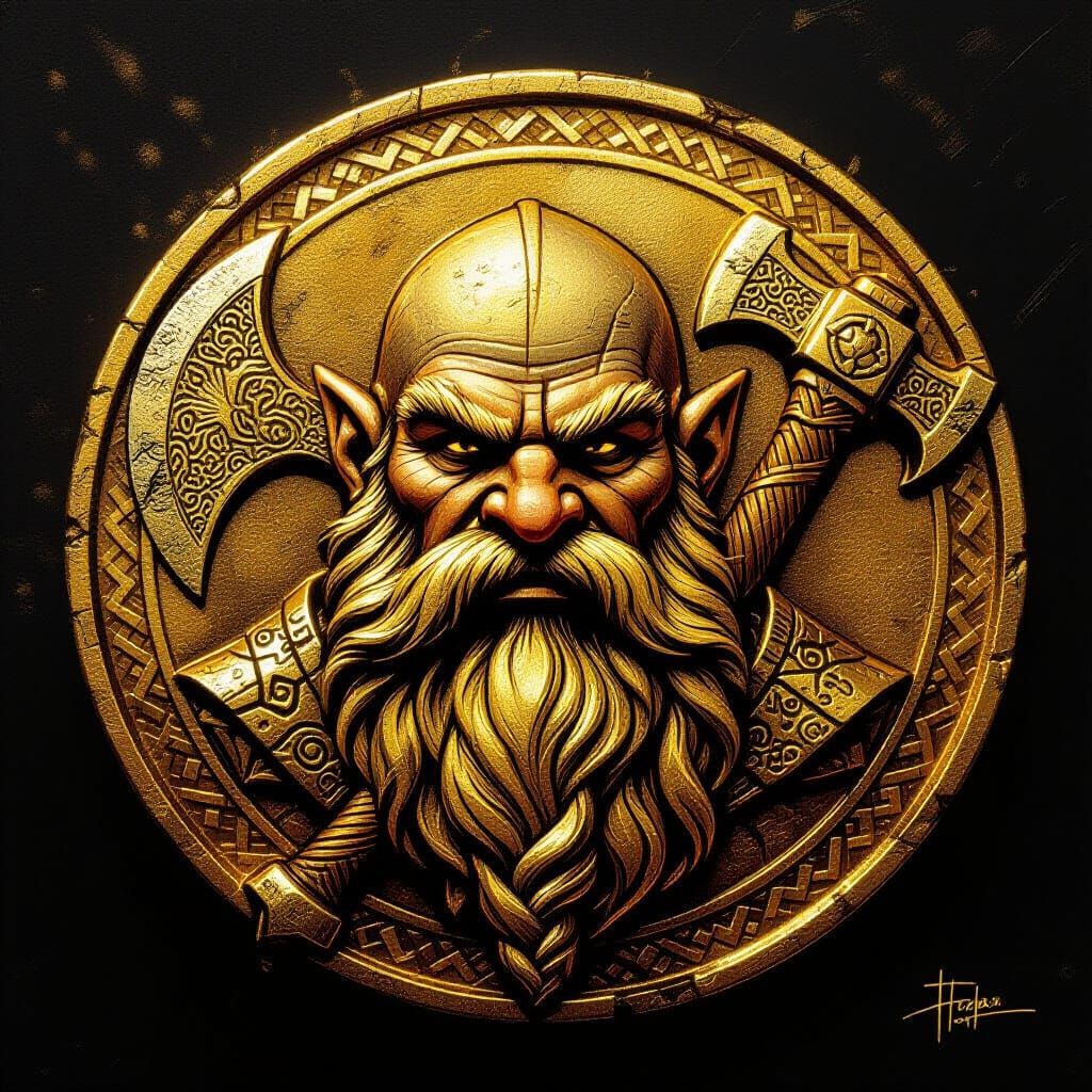 Golden Coin with Bearded Dwarf Head and Axe Design