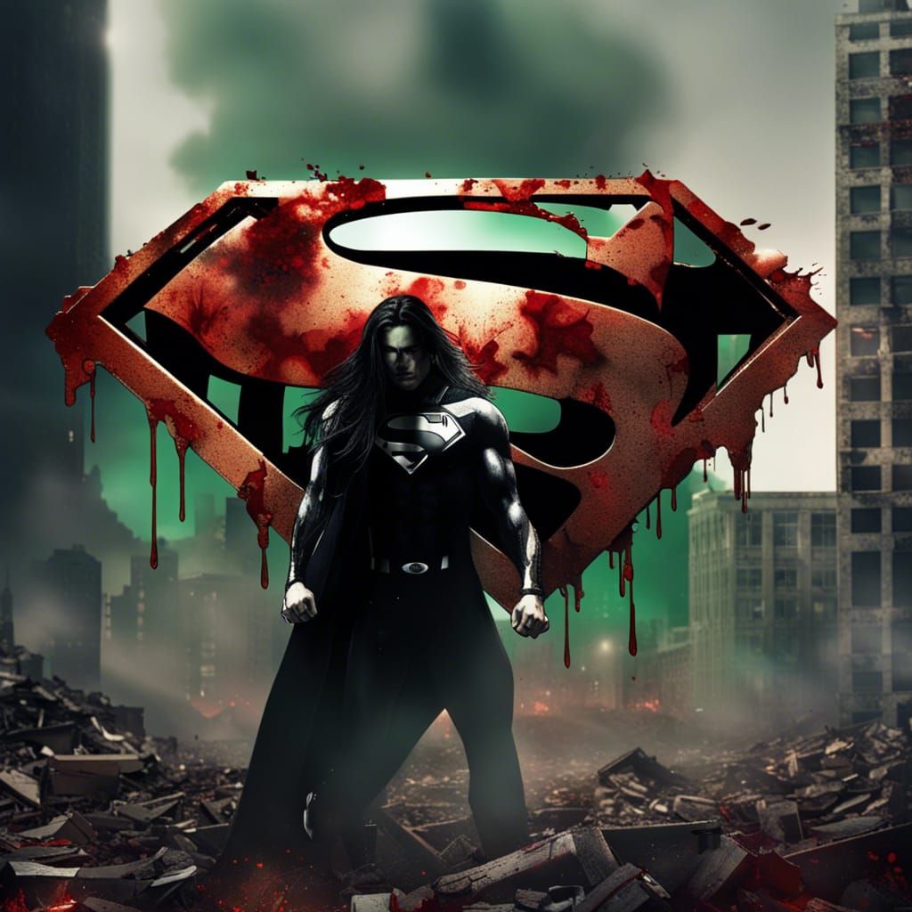 Dystopian Superman with Robotic Parts in Burning City