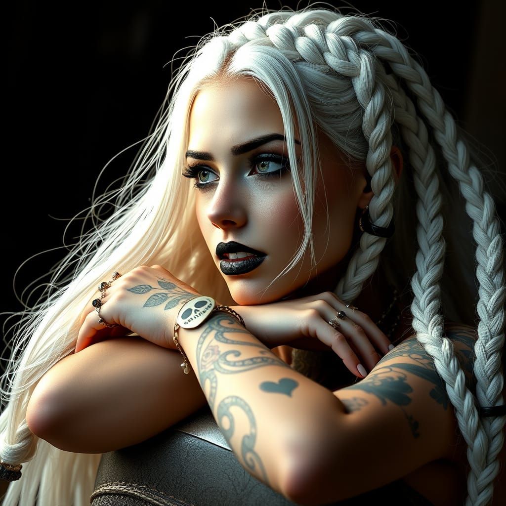 Ethereal Boho-Punk Goddess with Braided Hair and Heart-Skull...