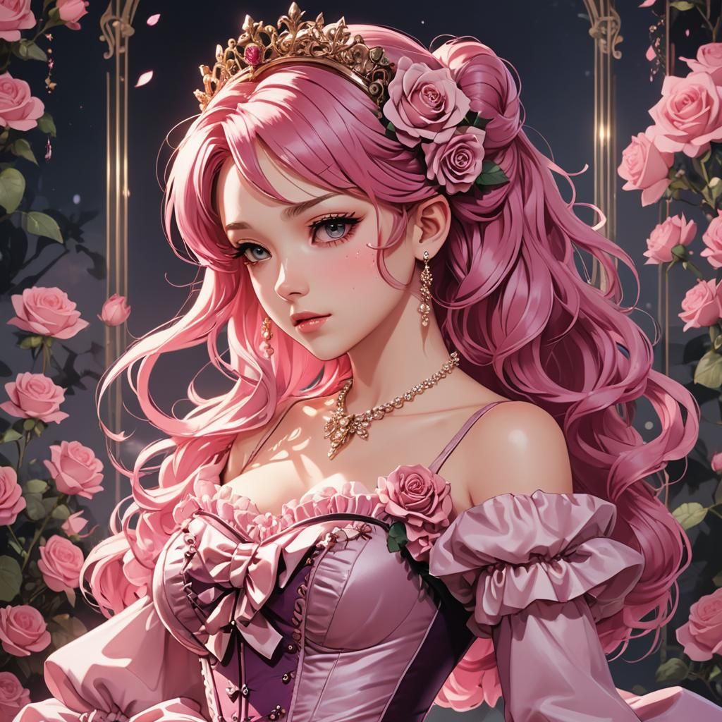 Girl in Pink Dress, Anime Style Illustration