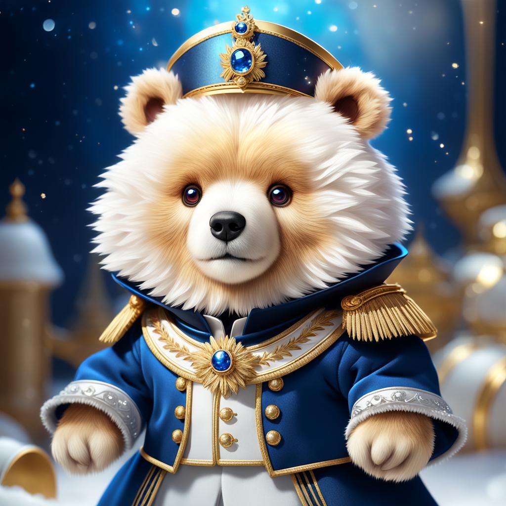 (Cute fluffy bear in a Napoleon costume), rich fabrics,,beau...