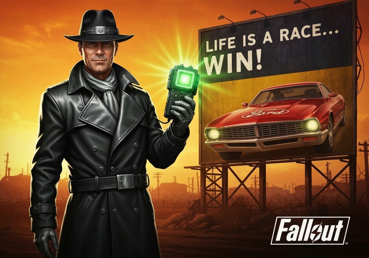 Sci-Fi Detective in Wasteland Before Futuristic Race Billboa...