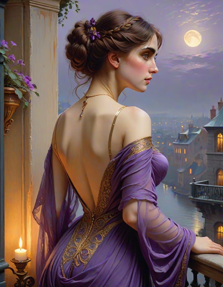 Victorian Woman in Purple Gown Overlooking City