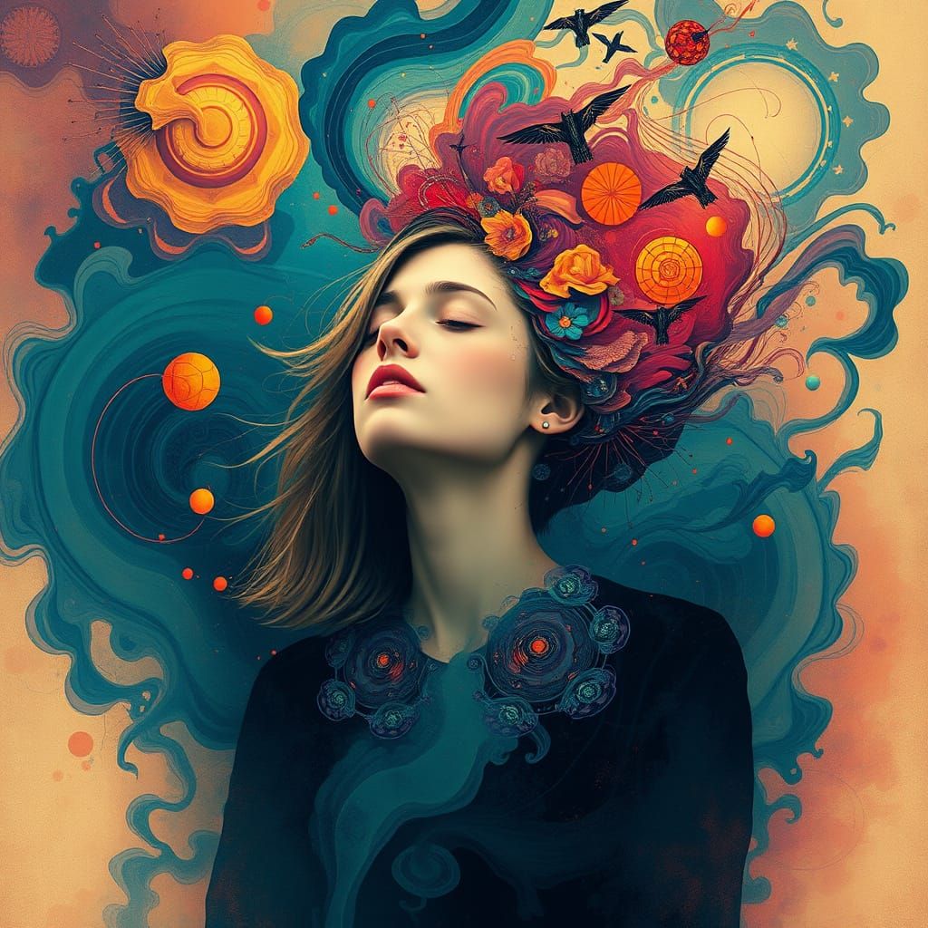 Surreal Woman Surrounded by Abstract Patterns in Vibrant Col...