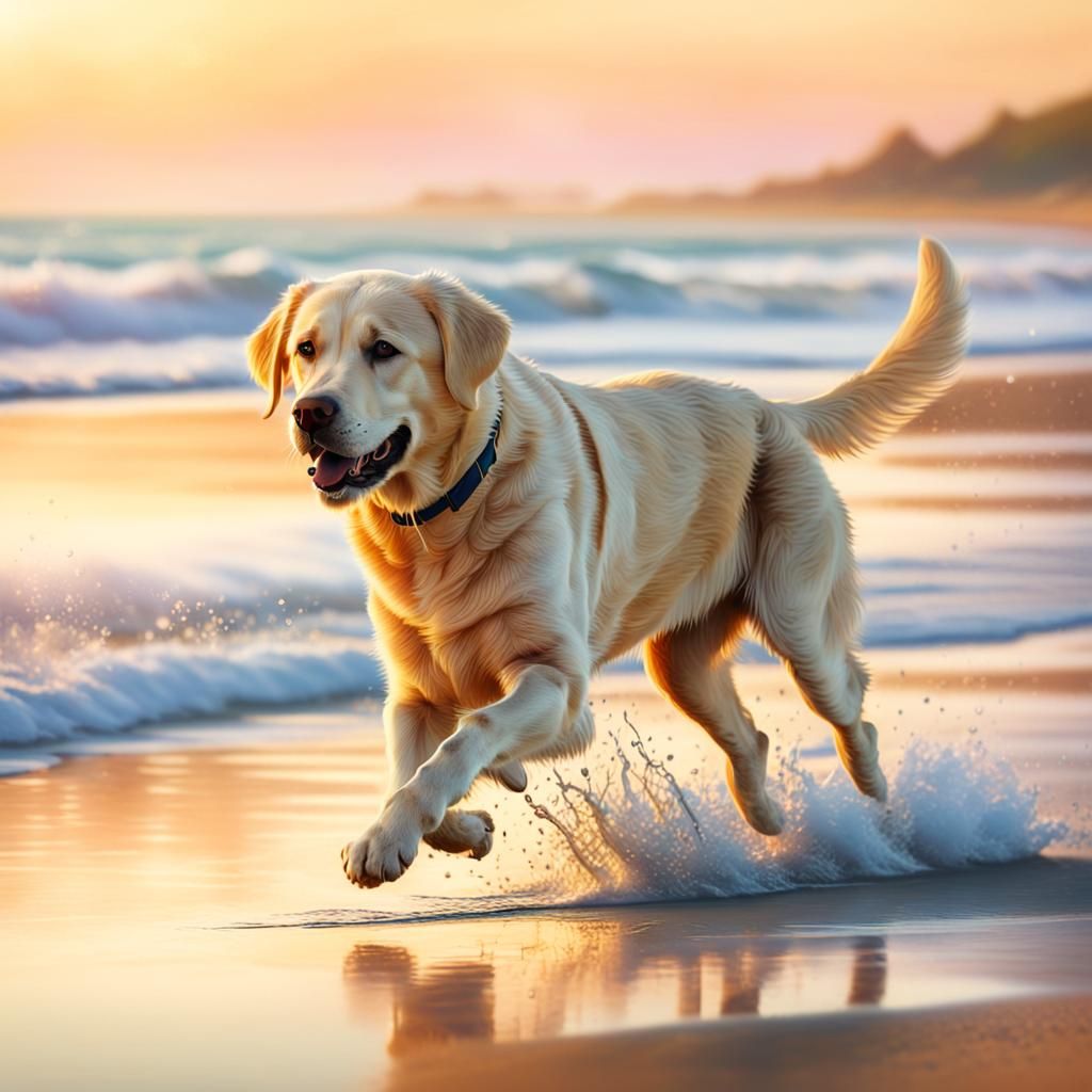 Labrador Retriever Runs on Beach at Sunrise