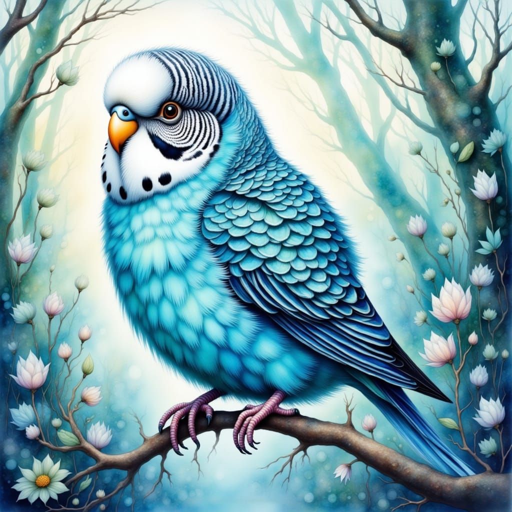 Vivid Blue Budgerigar in Surreal Forest