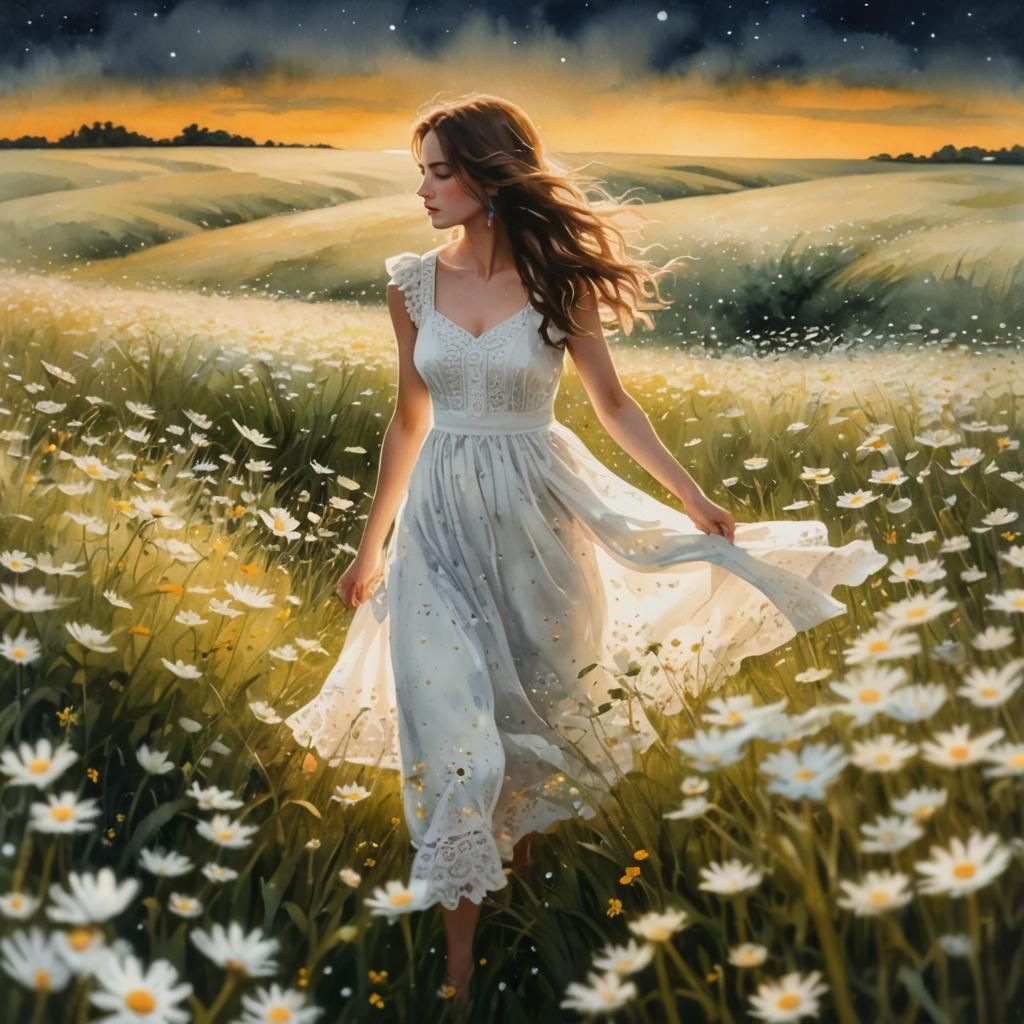 Daisy Field at Night in Watercolor and Gouache