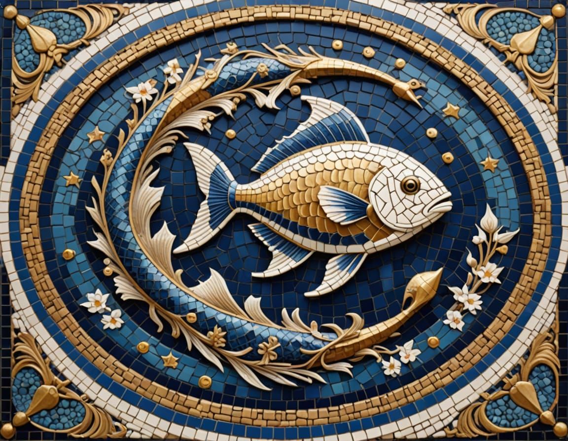 Ancient Greek Zodiac Mosaic with Two Fishes