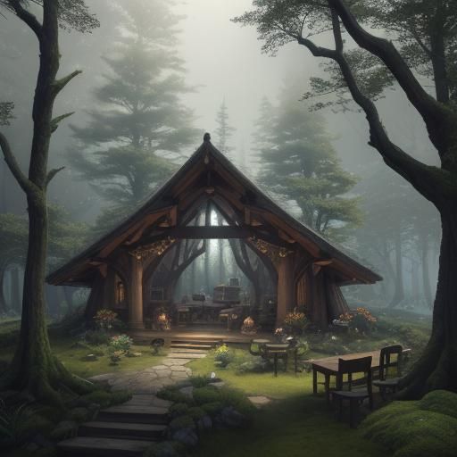 Mystical Elven Village in Forest Clearing