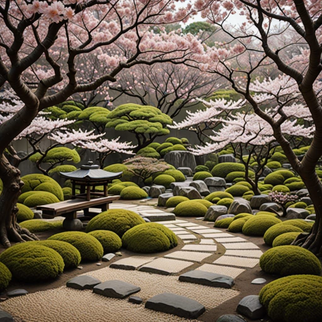 Japanese Zen garden with cherry blossoms