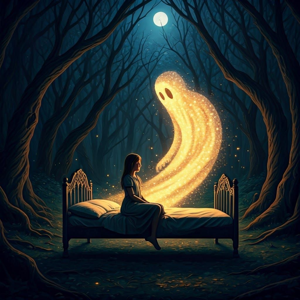 Mystical Moonlit Forest Scene with Friendly Ghost