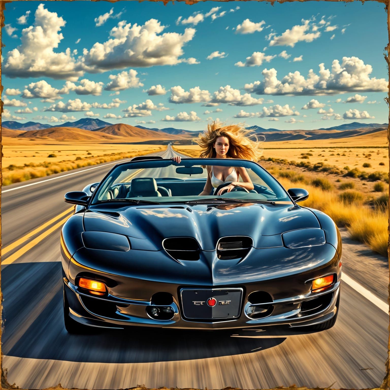 Blonde Woman Drives Firebird on Country Road in Neo-Expressi...