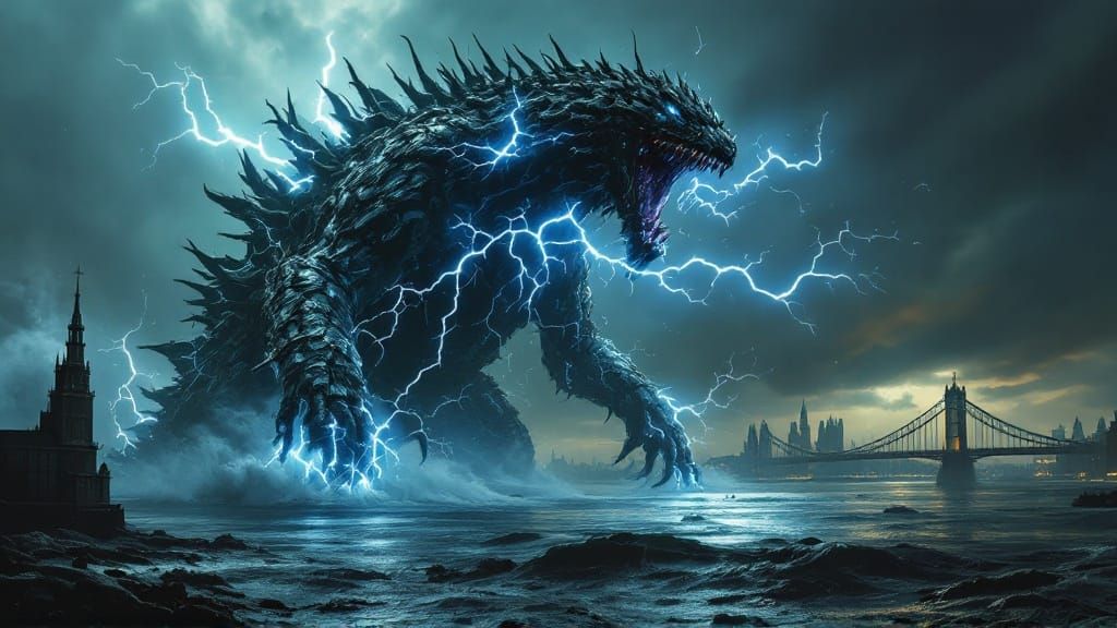 London Towered by a Fearsome Kaiju in Cyberpunk Aesthetic
