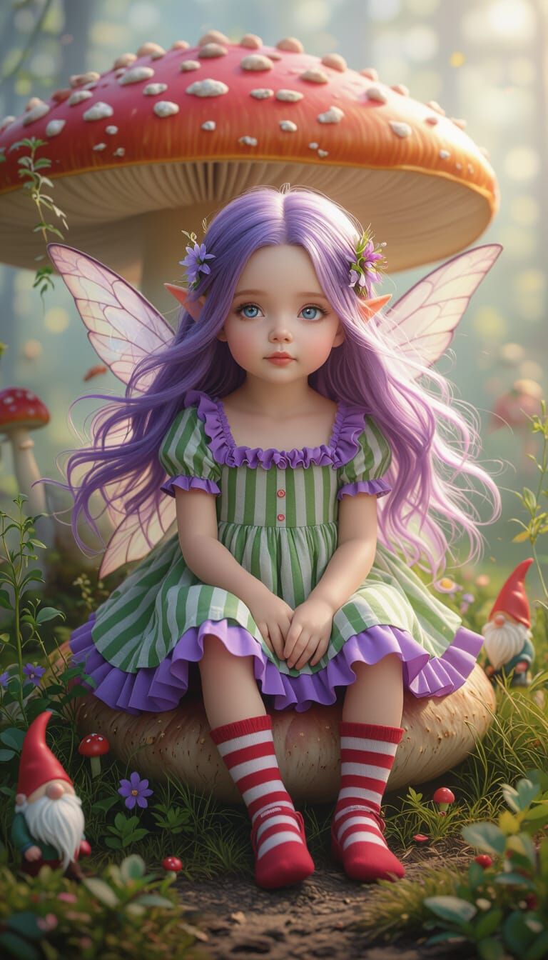 Baby Fairy Sitting by Giant Mushroom, Hyperrealistic Fairyta...