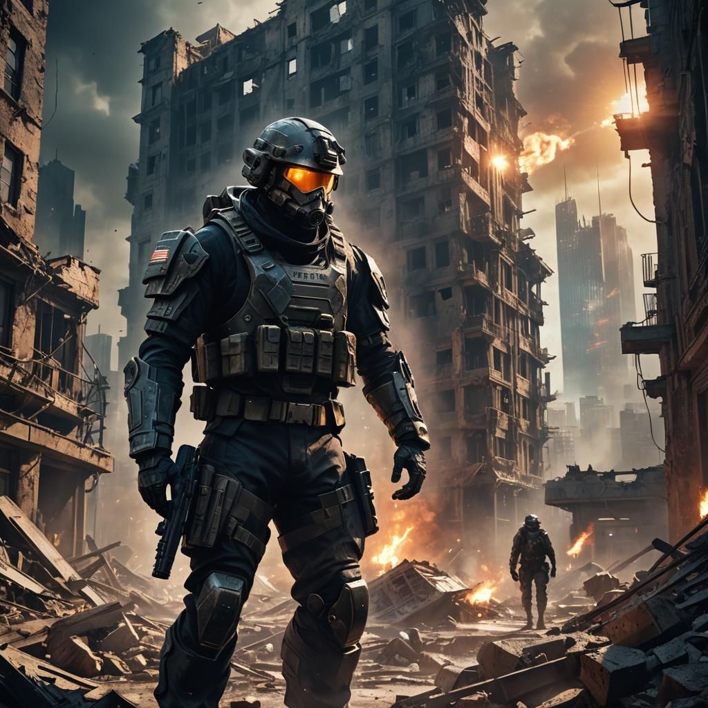 Futuristic Soldier in Dystopian City, Digital Art