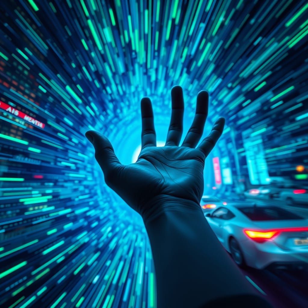 Cyberpunk Hand Emerges From Neon Data Vortex