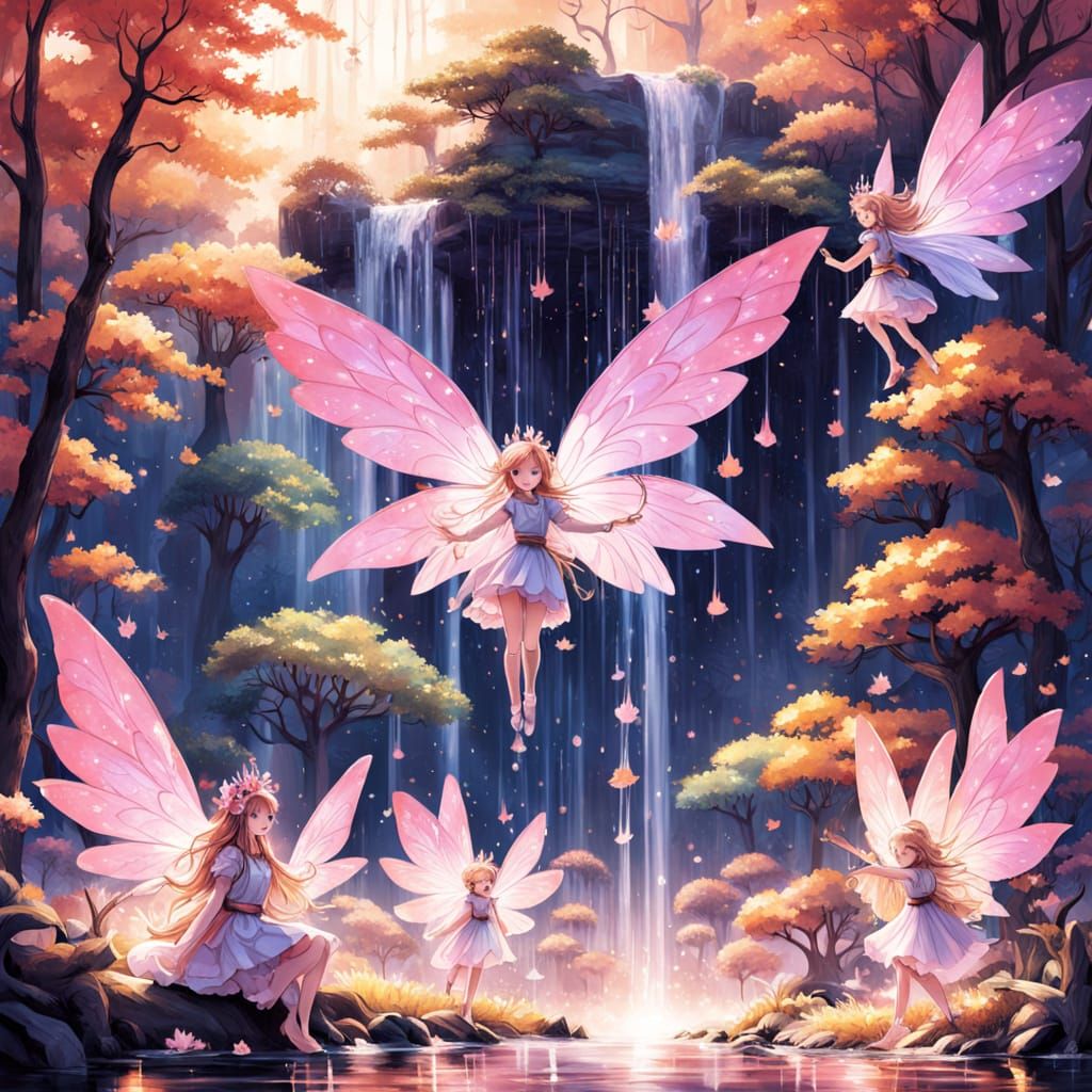 Pink Fairies and Pixies Under Autumn Waterfall at Sunset