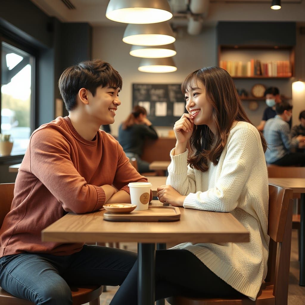Young Korean Couple Mirroring Each Other in a Coffee Shop