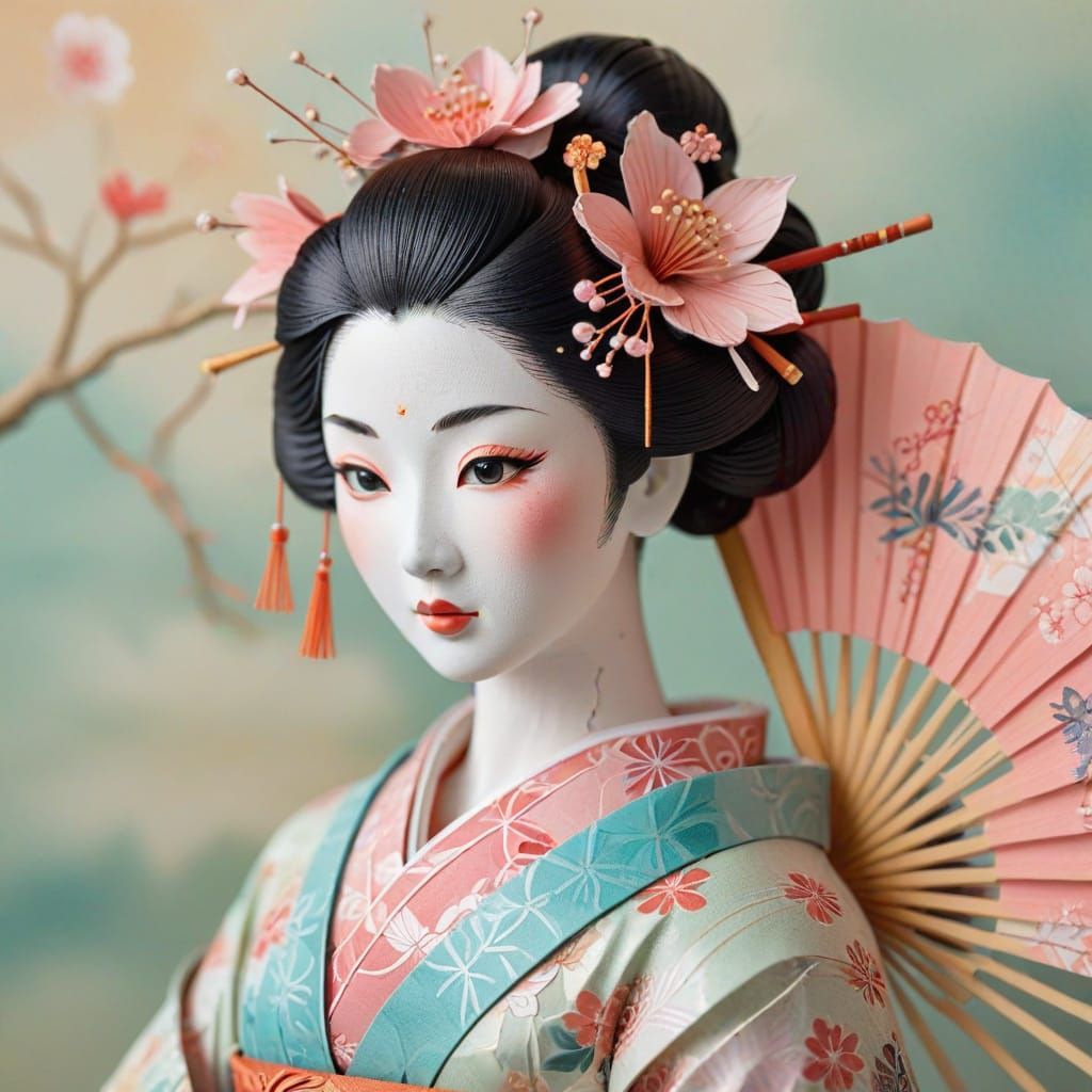Papercraft Geisha with Fan in Macro Photography