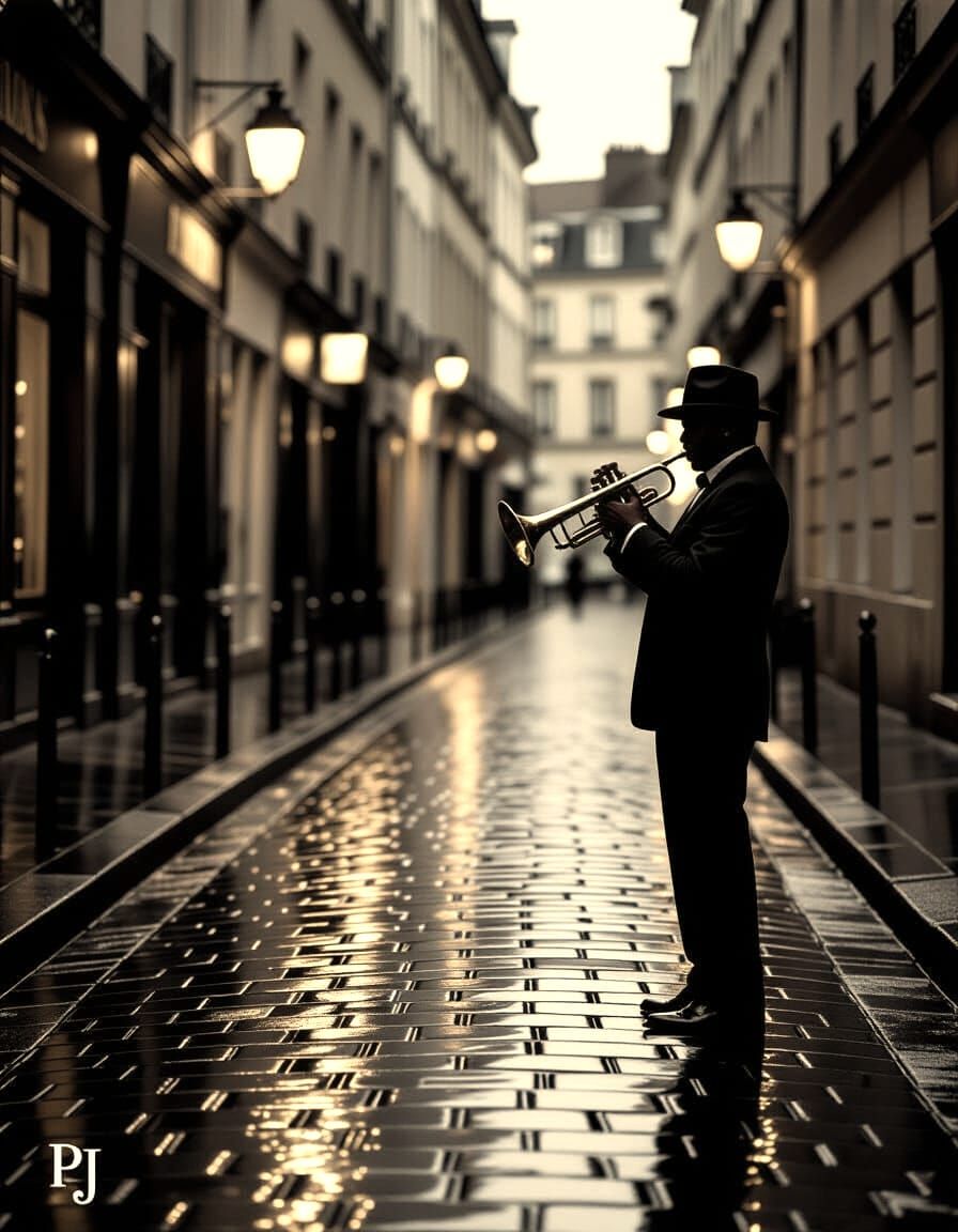 Jazz Trumpeter in Sepia Tone on Parisian Street at Dusk
